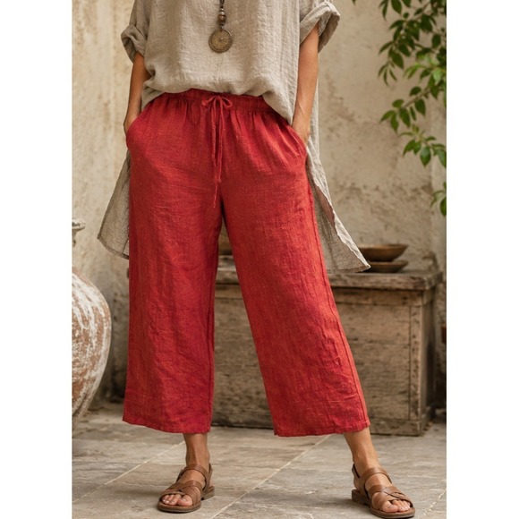 Orvis Pants - Orvis 100% Linen Elastic Waist Drawstring Crop Pants Button Slit Back Red Small